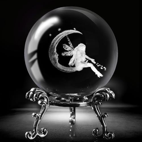 FUTUREPLUSX Crystal Ball with Stand, 3D Laser Crystal Ball Moon Fairy Glass Sphere for Birthady Gift Home Weeding Decor Crafts