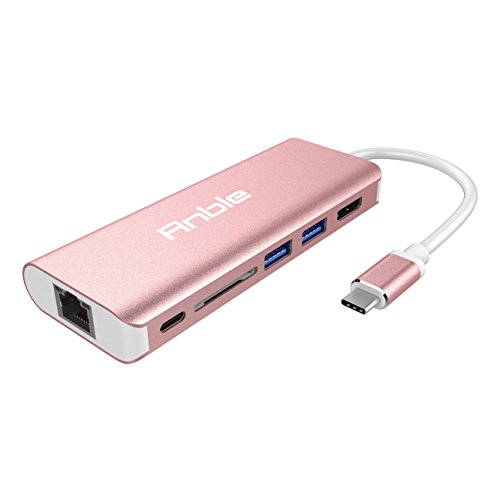 Anble USB Type C (Thunderbolt 3) to HDMI 4K, 2-Port USB3.0, Card Reader, USB C Power and Gigabit Ethernet Adapter (Rose Gold)
