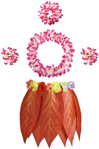 Leaf Hula Skirt and Hibiscus Leis Set Hawaiian Costumes for Beach Luau Party