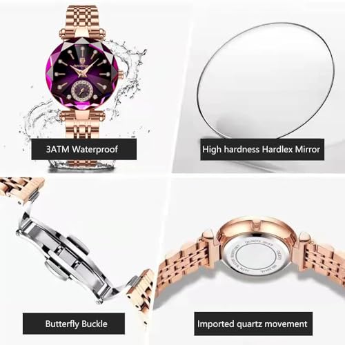 Uniiking® Watches for Women Diamond Dial Elegant Watch for Women Leather Quartz Fashion Ladies Wristwatch, Jewelry Gift for Wedding Anniversary Birthday, Purple