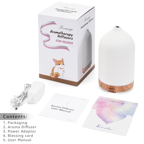Gooamp 200ML Ceramic Essential Oil Diffuser for Home Humidifier | Ultrasonic Aromatherapy Diffuser Humidifier 7 Color LED Lights,Auto Shut-Off,3 Timers for Bedroom,Office,Yoga,Wood Grain Base