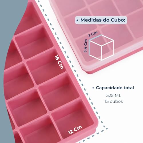 SYMEON Forma de Gelo Silicone Com Tampa Livre de BPA Flexivel 15 Cubos de 27ml Cada Prática Resistente e Reutilizável Forma Para Papinha Gelatina Frutas (ROSA)