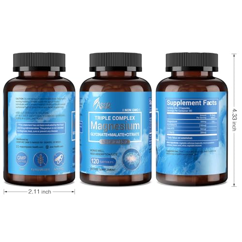 ASSR Triple Magnesium Complex – 300mg Magnesium Supplement with Glycinate, Malate & Citrate – Supports Relaxation, Muscle & Nerve Function – High Absorption, Vegan, Non-GMO, 120 Capsules