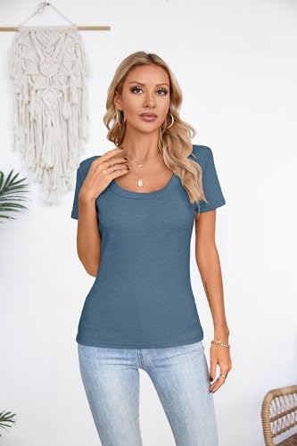 VICHYIE WOMENS SUMMER SHORT SLEEVE TOPS SQUARE NECK LOOSE TUNICS HENLEY CASUAL SHIRT SEXY BASIC BLOUSE TOP TSHIRT BLUE L