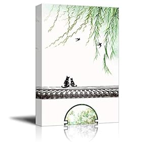 Bamboo Series Canvas Wall Art - Chinese Ink Painting Style Couple Cats & Swallows - 12x18 inches