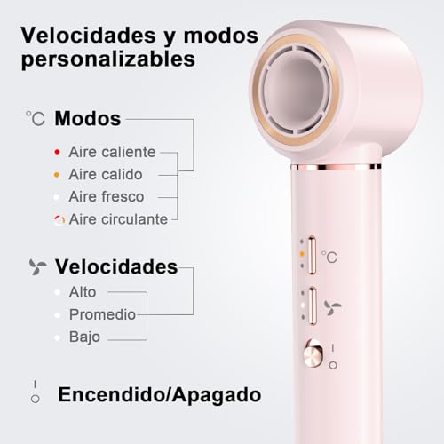 Secador de Pelo Profesional 5 en 1 - Boquillas + Cepillo + Rizador de Pelo, iónico Negativos Secador Kit 1600W Poco Ruido, Temperatura Ajustable y Velocidades para Rizar, Voluminizar y Alisar, Rosa