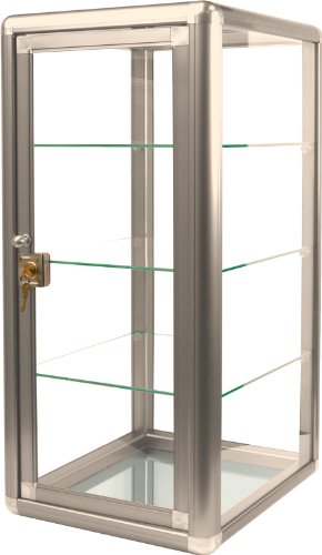 Table Top Display Show Case. Bronze anodized aluminum frame and tempered glass construction. Key lock with three shelves. Measures 14" wide by 12" deep and 27" tall.
