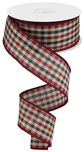 Primitive Gingham Check Wired Edge Ribbon, 10 Yards (Navy, Burgundy, Tan, 1.5 Inches)