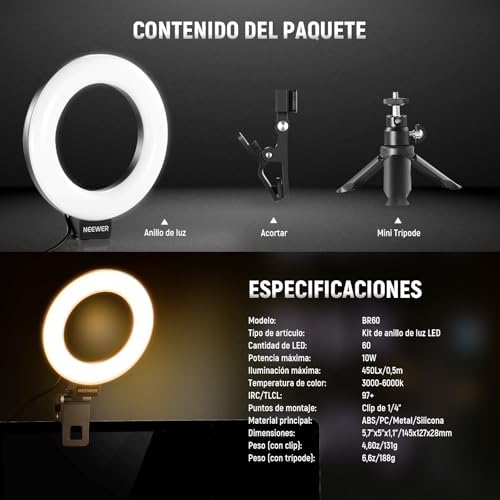 BÁSICO 5" Aro Luz con Mini Trípode Luz Videoconferencias Escritorio, Clip on Streaming Kit para Monitor Webcam Computadora Portátil Maquillaje Selfies Grabación Video, Paño de Limpieza, BR60