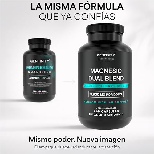 Genfinity Magnesio Dual Blend Longevity Series | 700 mg por Cápsula | 240 Cápsulas | Citrato + Bisglicinato Pureza ≥98% Grado Clínico | Suplemento Alimenticio