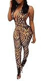 Farktop Women's Sleeveless See Through Cocktail Club Bodysuit Gold Sequin Plunging V Jumpsuit Playsuit Romper