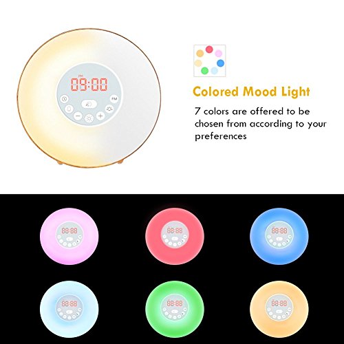 Wood Grain Alarm Clock with Sunrise Sunset Simulation&FM Clock Radio&6 Nature Sounds&7 Colors Night Light&Snooze Functions, Bedroom Alarm Clock for Kids Teens Adults