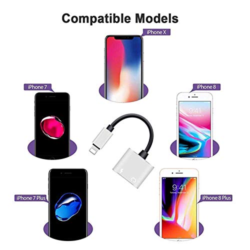 Headphones Adaptor for iPhone Xs/Xs Max/XR/ 8/8Plus/X(10)/7/7Plus to 3.5mm Jack Converter Car Charge Accessories Cables & Audio Connector 2 in 1 Earphone Splitter Adaptor Support All iOS Syste -Silver
