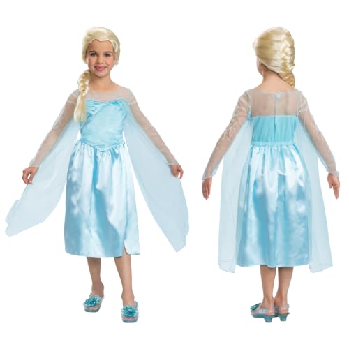 Disguise Elsa Classic Fancy Dress Costume, Perfect for Frozen Fans, Includes A Beautiful Ice Blue Dress With Mesh Details, Queen of Arendelle Costume for Girls. Size Medium (7-8).