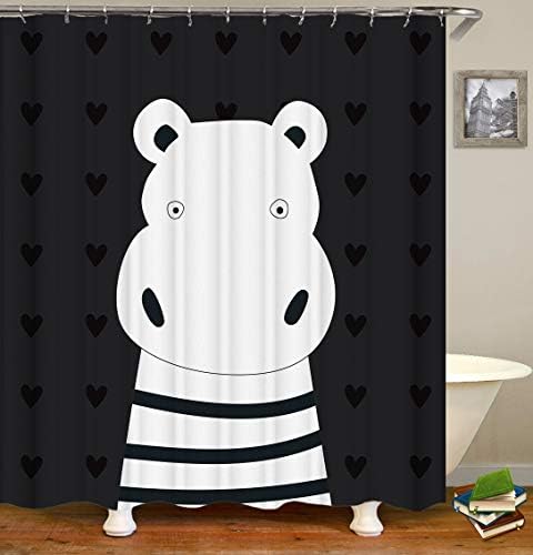 BARTORI Cartoon Decor Shower Curtain The White Hippo Wear The T-Shirt on Black Background with Heart-Shaped Pattern Waterproof Polyester Fabric Bath Curtain with Hooks and Size 71''X71''