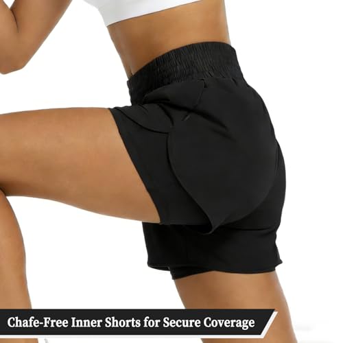 GOZINA Womens 2-in-1 Running Shorts with Phone Pocket, Lightweight Gym Yoga Ladies Sports Shorts for Running, Hiking & Training