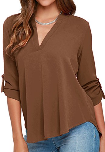 YMING Women's Blouse and Top V Neck Chiffon Shirt Roll Up Sleeve Shirt Coffee XL