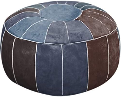 PLAFUETO Moroccan Leather Pouf Handmade PU Leather Pouffe Round Floor Cushion Ottoman Footstool Hassock for Living Room Bedroom Unstuffed 23" x 11" Blue