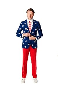 OppoSuits Men's Stars and Stripes Party Costume Suit, Blue/Red/White, 40