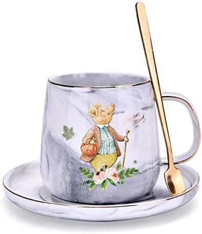 Espresso cups Rabbit Mug Pig Pig Print Marble Coffee Cup Breakfast Milk Cup Set With Spoon Ceramic Coaster 1 Piece Set Coffee cup (Color : Gray)