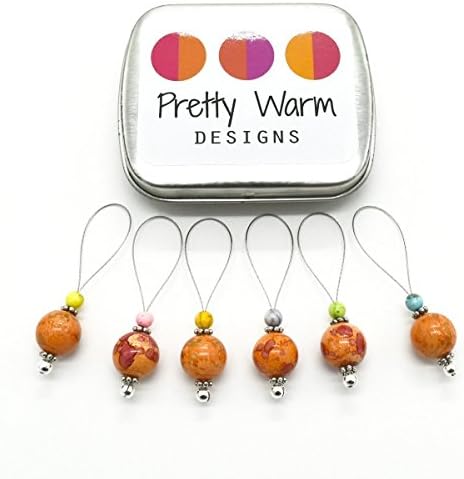 Orange Ceramic Snag Free Stitch Markers Jewelry for Knitting (Set of 6 with Tin)