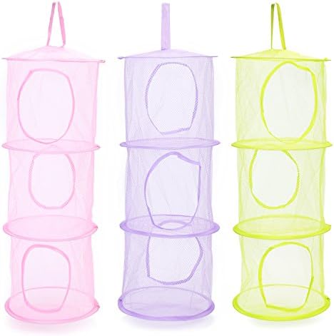 Mocollmax Mesh Hanging Storage Space Saver Bags with 3 Compartments Toy Storage Basket for Kids Room organization mesh hanging bag 3Pcs Set, Pink,Green,Purple