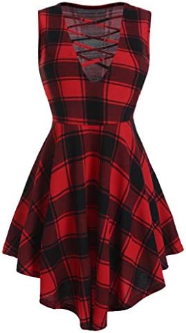 Plaid Mini Dress for Women Ladies Tartan Print Irregular Retro Loose Swing Dress High Waist Cocktail Party Lace Up Asymmetrical Hem Skirt Dress