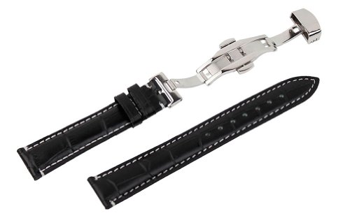 RECHERERECHERE Leather Watch Band Strap Push Button Deployment Clasp Contrast Stitch