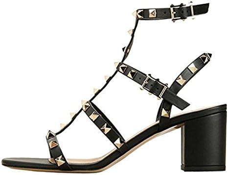 Comfity Leather Sandals for Women,Rivets Studded Strappy Block Heels Slingback Gladiator Shoes Cut Out Dress Sandals