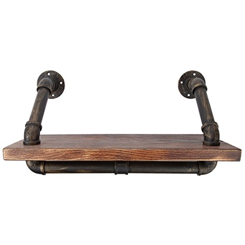 Lily's Home Industrial Plumbing Pipe Floating Wall Shelf, Rustic Design Includes Mounts with Screws for Use as a Bookshelf, Accessory Holder, or Knick-Knacks, Wood, (21.5" L x 9.75" W)