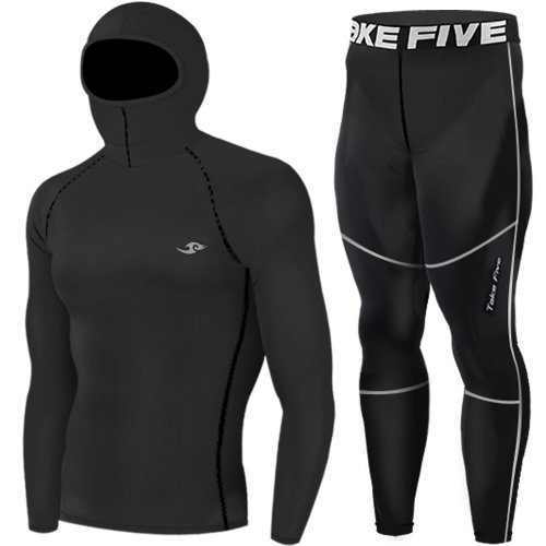 Mens Hoodie Mask Compression Base Layer Skin Tights Top & Pants Black SET (L)