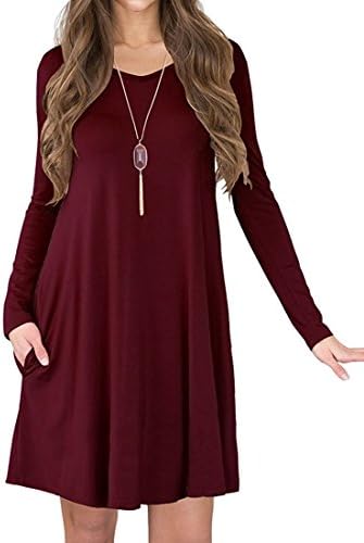 VEIMEILI Women's V-Neck Pockets Casual Swing Loose T-shirt Dress (Wine Red S)