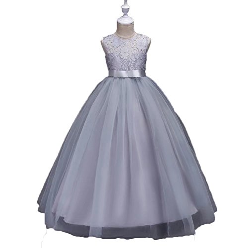 ZAH Girl Dress Kids Ruffles Lace Party Wedding Dresses Christmas Gowns(Gray,13-14Y)