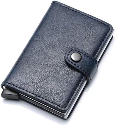 Credit Card Holder RFID Blocking Wallet Slim Wallet PU Leather Vintage Aluminum Business Card Holder Automatic Pop-up Men and Women Card Case Wallet EDC（Blue）