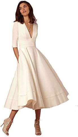 Sugarwewe Elegant White Deep V Half Sleeve ALine Tea Length Cocktail Party Dress White XL