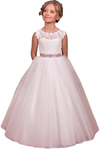 Elegant Lace Applique Sleeveless Tulle Flower Dress white Girls Size 8