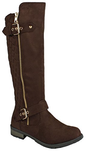 JJF Shoes Forever Mango-21 Women's Winkle Back Shaft Side Zip Knee High Flat Riding Boots Brown Nubuck 6.5