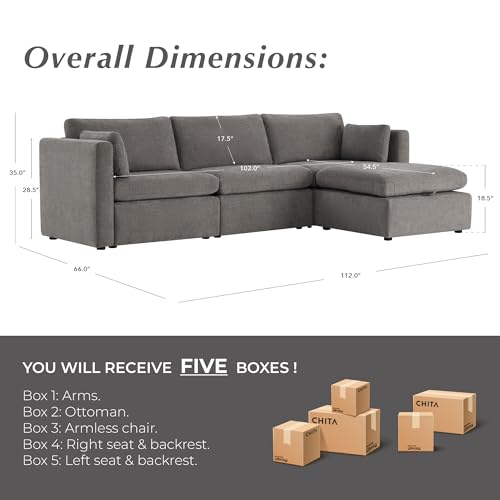 CHITA Oversized Modular Sectional Sofa Set, FSC Certified L Shaped Couch with Reversible Chaise,Modular Sectional Couch for Living Room,112 inch Width, 4 Seat Modular Sofa with Storage Ottoman, Grey