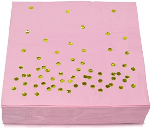 TROLIR Luncheon Napkins, Pink with Gold Dots, 3-ply, Pack of 50 Decorative Paper Napkins 6.5x6.5 inch, Stamped with Sparkly Gold Foil Dots, Ideal for Wedding, Party, Birthday, Dinner, Lunch, Cocktail