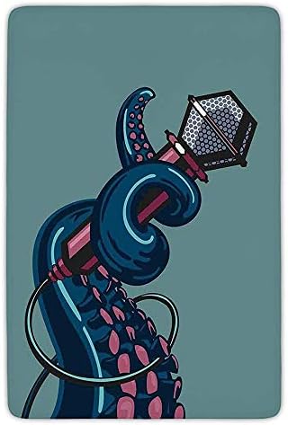 Bathroom Bath Rug Kitchen Floor Mat Carpet,Octopus Decor,Octopus Tentacle Holding a Microphone Retro Style Cartoon Rock and Roll Art Home Decor,Teal Pink,Flannel Microfiber Non-slip Soft Absorbent