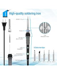 Kit de soldadura de hierro de 60 W, ajuste de temperatura de soldadura de hierro, correa ESD, 5 puntas de soldadura, soldador de soldadura, alambre de soldadura, soldadura de hierro, pinzas, con caja de transporte de herramientas