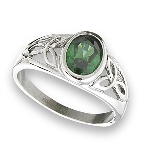 316L Stainless Steel Oval Green simulated Stone Celtic Knot Ring, Size 9