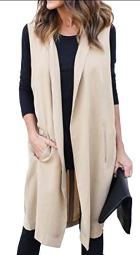 Earnest Women's Plus Size Casual Sleeveless Solid Vest Trench Coat with Pockets Long Waistcoat Cardigan Khaki L