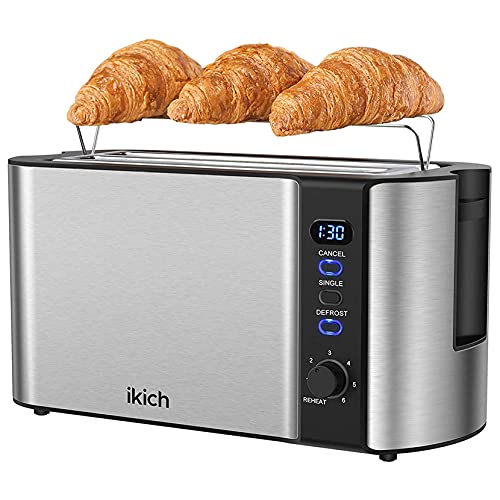 IKICH Long Toaster, 2 Long Slot 4 SliceToaster Digital Timer, Stainless