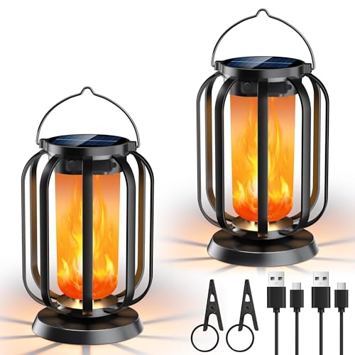 Solar Flame Lantern for Outdoor Hanging, Pack of 2 Solar Lights IP65 Waterproof with 3 Colour Temperatures, Balcony Garden Lantern, Halloween Decoration, Outdoor Lights for Patio, Lawn, Yard, Camping