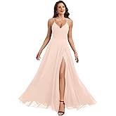 NLQ Spaghetti Straps Bridesmaid Dresses for Wedding Chiffon Long A Line V Neck Pleated Evening Dress with Slit