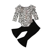 LXXIASHI 2pcs Infant Newborn Baby Girls Ruffle Long Sleeve Romper Tops + Bell Bottomed Pants Clothes Outfit Sets (Ruffle Leopard-Bell Bottomed Black, 6-12 Months)