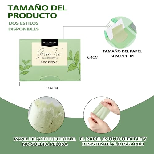 1000 piezas de papel de arroz facial. papel absorbente de grasa facial. papelitos absorbentes de brillo facial. Elimina el brillo del aceite, el papel es suave, adecuado para aceite facial (Té verde)
