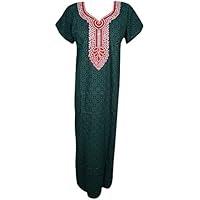 Mogul Interior Women's Maxi Dress Nightgown Green Embroidered Kaftan Fall Fashion L