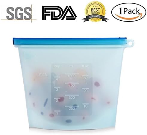 Reusable Silicone Food Storage Bag for Fruits Vegetables - Food Grade Versatile Airtight Seal Fresh Container - Kitchen Cooking Utensil Microwave Ovens Heat and Freezer Safe (1 Pack,Blue)